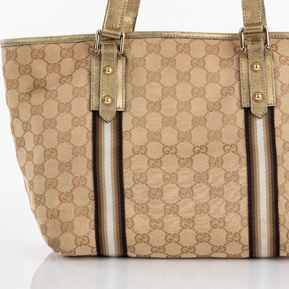 GUCCI Sherry Tote Bag Beige Gold GG Canvas Leather - Picture 5 of 10